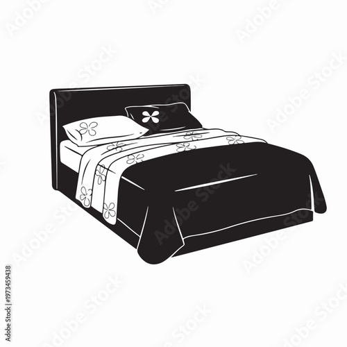 A minimalist black silhouette of a comfortable bed with a headboard, featuring patterned pillows and a neatly folded blanket at the foot, suggesting a peaceful night's rest.