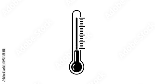 Black and white thermometer icon, simple line art, measuring temperature, isolated on white background