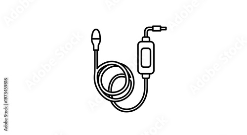 Black and white line drawing of a microphone with coiled cable and adapter
