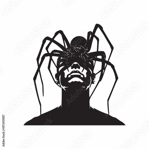 A creepy and unsettling black silhouette of a man's head with a large, menacing spider covering his entire face, symbolizing fear, nightmares, or phobias.