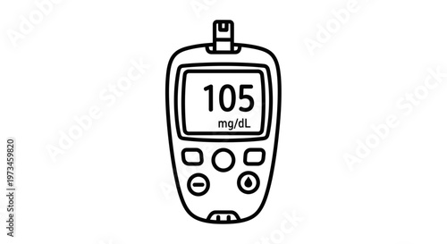 Blood glucose meter showing 105 mg/dL, diabetes monitoring device icon