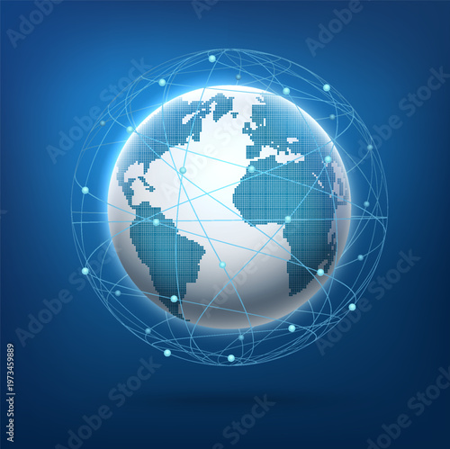 Earth with global satellite communication networks around Earth's orbit. 3D map Earth with glowing lines and dots around Earth's orbit.