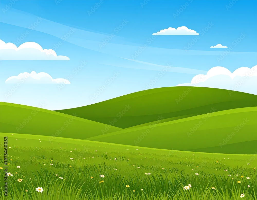 Fototapeta premium Cartoon landscape; rolling green hills under a bright blue sky with fluffy white clouds