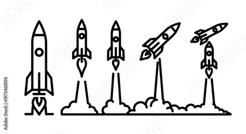 Line Drawing Sequence Of Rocket Launches And Liftoffs.