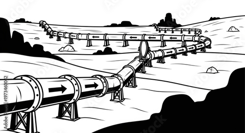 Long Industrial Pipeline Stretching Across Landscape.
