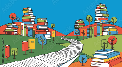 A winding road made of books leading to book-stacked hills.