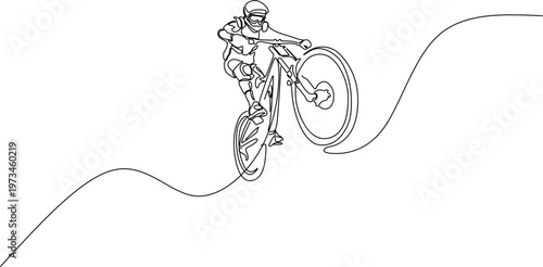 Continuous line drawing of a mountain biker performing a wheelie, minimalist male cyclist jumping and doing a trick vector illustration.