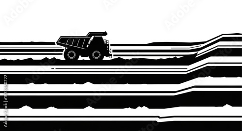 Large mining dump truck silhouette on horizontal layers.