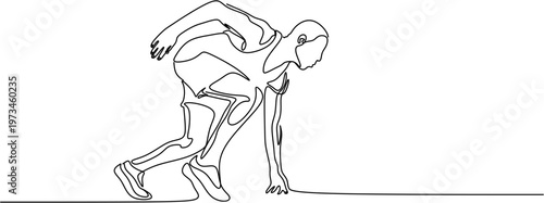 Continuous line drawing of a sprinter in starting position, minimalist male athlete ready to run vector illustration.