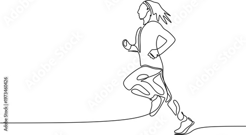 Continuous line drawing of a woman running, minimalist female athlete jogging in profile vector illustration.