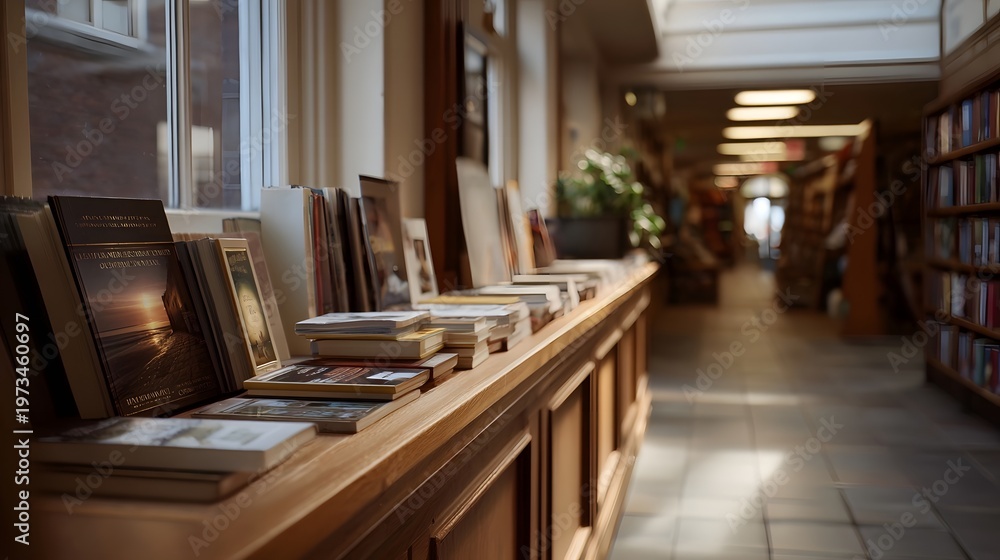 Fototapeta premium Stacked books on a warm wooden counter in the quiet atmospheric aisle of a large bookstore