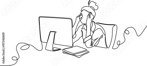 Continuous line drawing of a tired woman working at computer, minimalist office stress and burnout concept vector illustration.