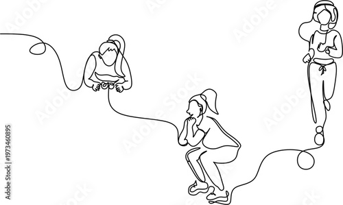 Continuous line drawing of women fitness activity set, minimalist workout, running, and squat poses vector illustration.