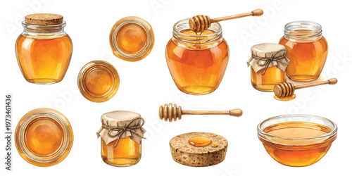 Watercolor glass jars and bowls of sweet honey with wooden dippers and dripping syrup, isolated on transparent background