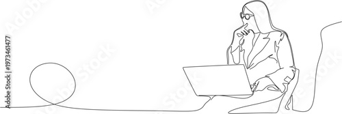 Continuous Line Drawing of a Business Woman Working on Laptop