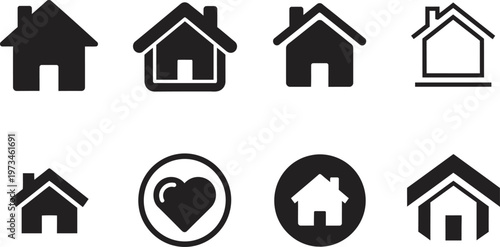 Collection of black and white house icons and shapes representing home love and shelter