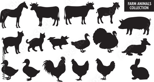 Farm animal silhouettes collection a diverse range of livestock and poultry in black and white