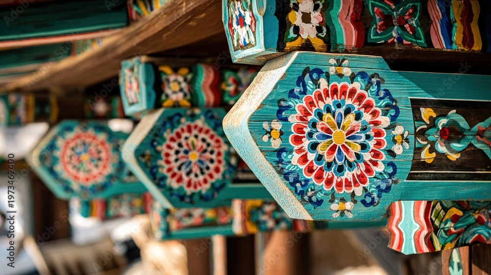 Fototapeta premium dancheong. Intricate close-up of traditional Korean Dancheong patterns on wooden eaves. event programs, museum guides, designed for cultural heritage projects and event programs, used by clinicians.