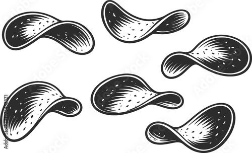Black and White Potato Chips Vector Illustration, Crispy Snack Slice Sketch Set Design.