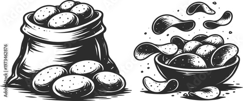 Vintage Black and White Potato Sack and Bowl Illustration Rustic Farm Vegetable Sketch Vector Art.