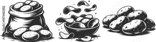 Vintage Black and White Bakery Illustration with Bread, Coffee Cup and Flour Sack Vector Art.