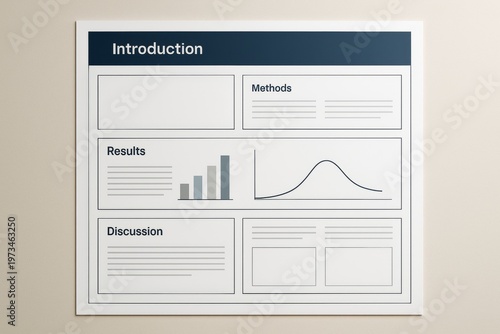 Scientific research poster layout with introduction, methods, results, and discussion sections on light background for academic presentation concept. Ai generative