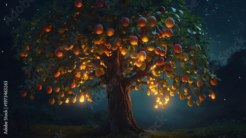 A magical tree with glowing fruits at night soft light effects dreamy fantasy nature concept