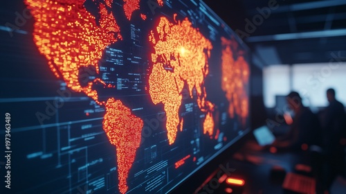 Photorealistic wide angle shot of a global maritime security center, massive digital wall displaying a real-time tracking map of the Strait of Hormuz bottleneck.