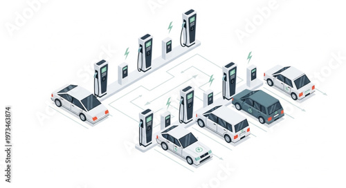 Multiple electric cars charging at station illustration.