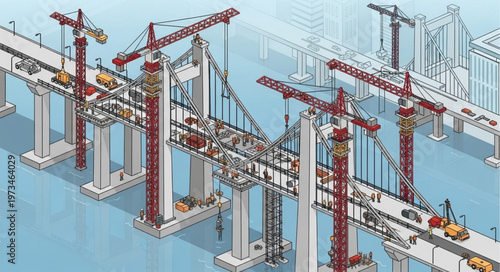 Multiple tower cranes assembling concrete bridge segments over supports.
