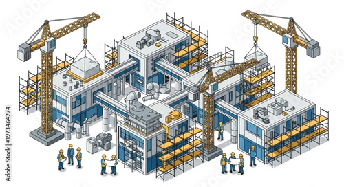 Multi Building Construction Site With Cranes And Workers.