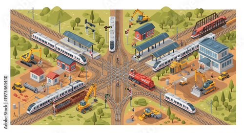 Multiple Trains Converging At Railway Junction With Switches.