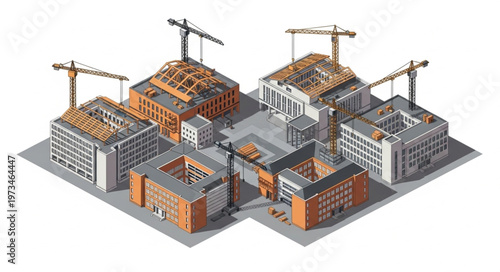 Multiple Urban Buildings Under Construction With Cranes.