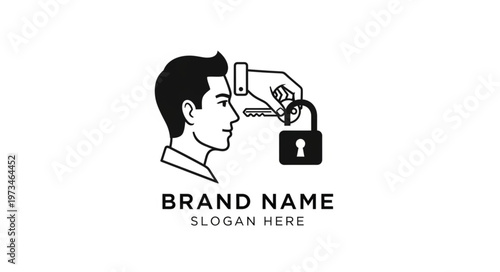 Male Profile With Hand Unlocking Head Padlock.