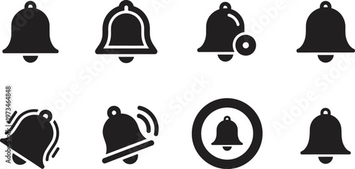 Collection of eight black silhouette bell icons representing notifications alerts and communication systems