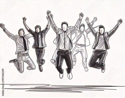 Group of five friends jumping in the air together.