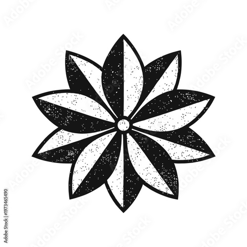 Striking distressed monochrome eight-petal floral graphic design element, featuring a symmetrical black and white stylized blossom with a rustic vintage grunge texture, perfect for emblems, logos, ico