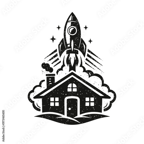 Monochrome distressed vector of rocket launching from house. Symbolizes ambitious growth, startup success, future innovation, home-based dreams, entrepreneurial spirit, secure foundations, new grand a