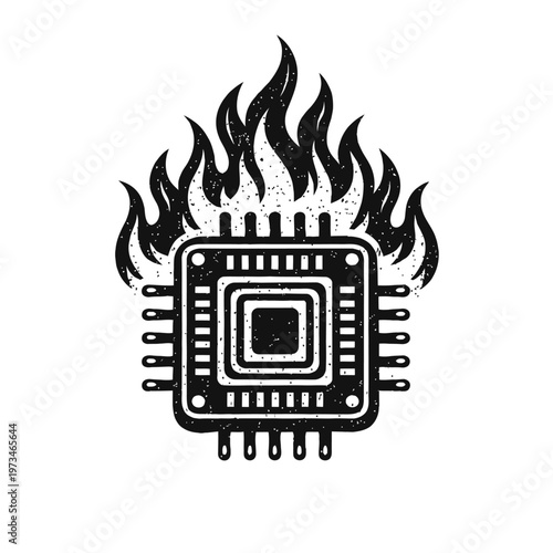 Overheating CPU icon in distressed flames. This vintage grunge microchip illustration powerfully conveys system failure, extreme hardware performance, and intense digital processing. A potent visual f