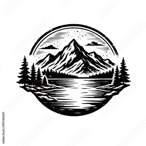 Vintage Mountain Lake Forest Landscape Emblem Design - Retro Outdoor Adventure Badge with Pine Trees and Reflective Water - Rustic Nature Illustration for Wilderness Enthusiasts & Campers