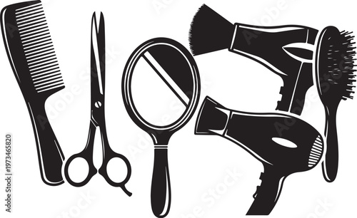 Black and white hairdressing tools, salon equipment icons, beauty accessories set, vector graphics