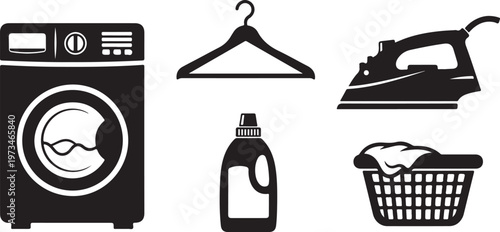 Laundry, washing, ironing icons, black and white, vector set