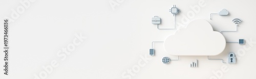 Cloud technology concept with icons connected to a white cloud on light background symbolizing data network and digital communication systems.