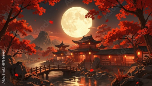 Asian Temple Courtyard with Full Moon and Red Maple Leaves at Night