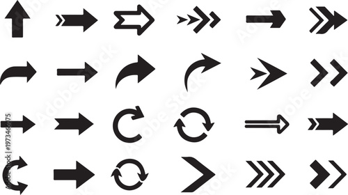 Arrow icons, direction symbols, navigation elements, black vector graphics