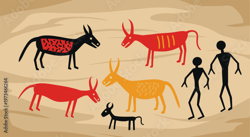 Ancient cave paintings depicting human figures and various animal species.