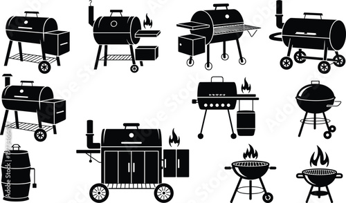 BBQ grill and smoker silhouette collection for outdoor cooking, picnic, summer barbecue party, charcoal and gas grill icons set for design.