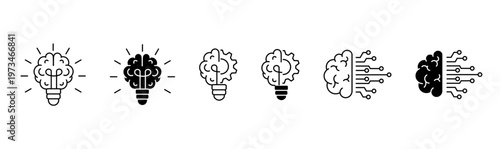 Brain and idea icon set. Light bulb, gear and AI neuron symbols. Creativity, innovation, artificial intelligence, thinking process vector icons