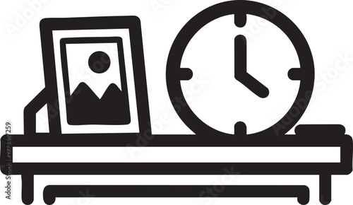 A minimalist illustration featuring a clock and framed picture on a bedside table