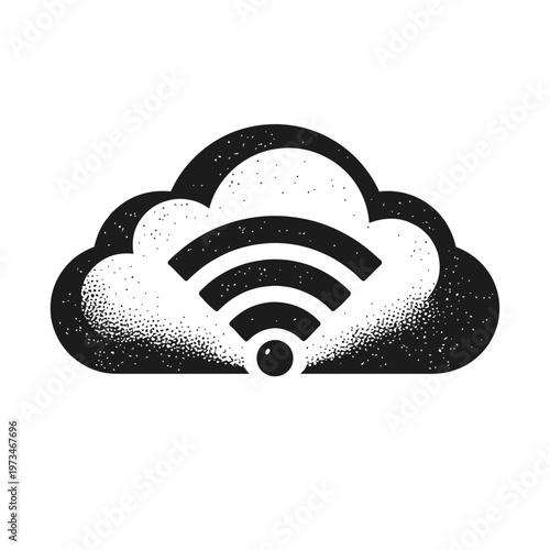 Cloud Wi-Fi icon representing wireless internet access, cloud computing, data storage, network services, digital technology, remote connectivity, and online infrastructure with a distinctive stippled